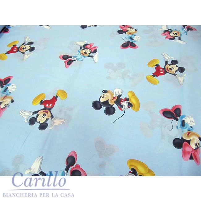 TESSUTO STOFFA COTONE DISNEY MINNIE TOPOLINO A METRO ALT. 280 COL. CELESTE G017 1 TESSUTO STOFFA COTONE DISNEY MINNIE TOPOLINO A METRO ALT. 280 COL. CELESTE G017