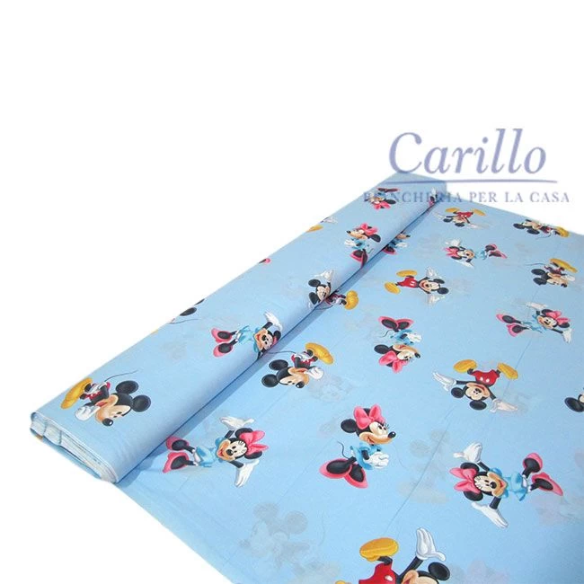TESSUTO STOFFA COTONE DISNEY MINNIE TOPOLINO A METRO ALT. 280 COL. CELESTE G017 2 TESSUTO STOFFA COTONE DISNEY MINNIE TOPOLINO A METRO ALT. 280 COL. CELESTE G017 - immagine 2